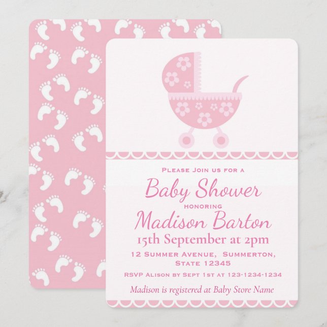 Pink Pram Cute Girl Baby Shower Invitation (Front/Back)