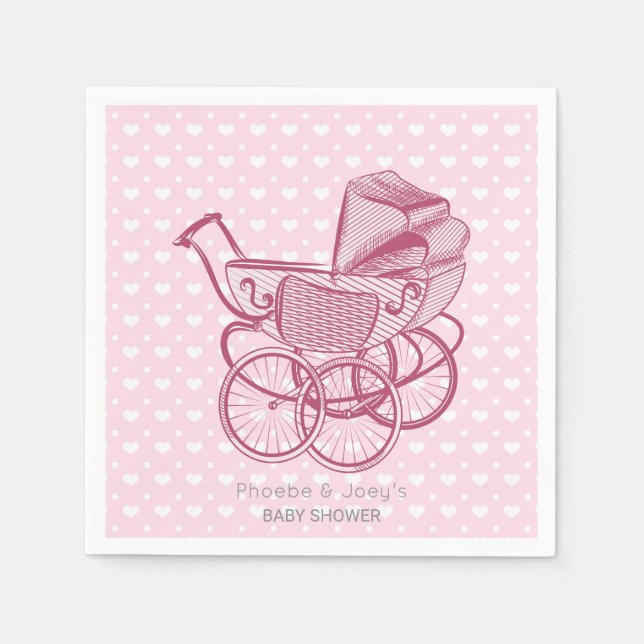 Pink Pram Hearts Baby Shower Personalised Elegant Napkin (Front)