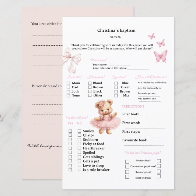 Pink Predictions and advice game for Baptism (Front/Back)