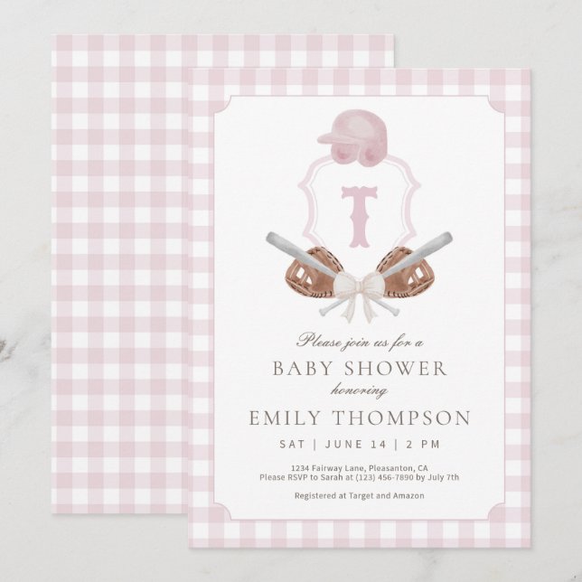 Pink Preppy Baseball Crest Baby Shower Invitation (Front/Back)