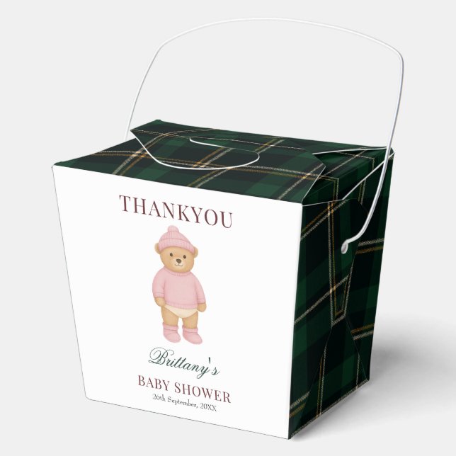 Pink Preppy Bear Designer Plaid Baby Shower Favour Box (Front)