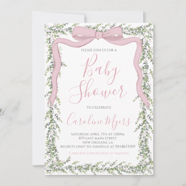 Pink Preppy Bow Ribbon Girl Baby Shower  Invitation (Front)