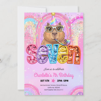 Pink Preppy Capybara 7th Birthday Invitation