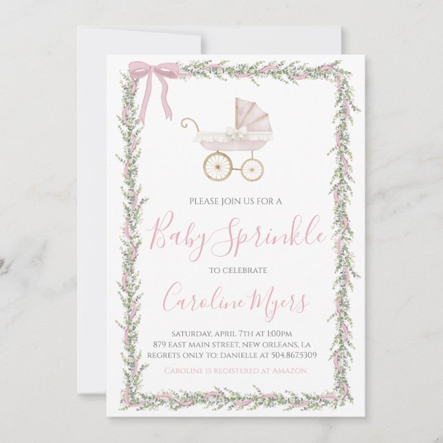 Pink Preppy Carriage Girl Baby Sprinkle Invitation (Front)