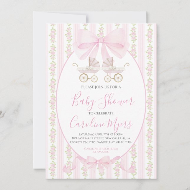 Pink Preppy Floral Coquette Baby Girl Carriage Invitation (Front)