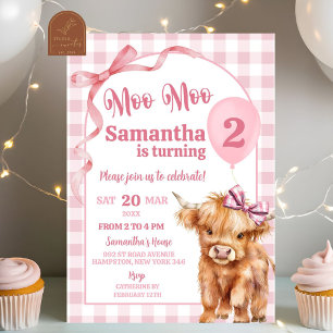 Pink Preppy Gingham Cow Girl 2nd Birthday Invitation