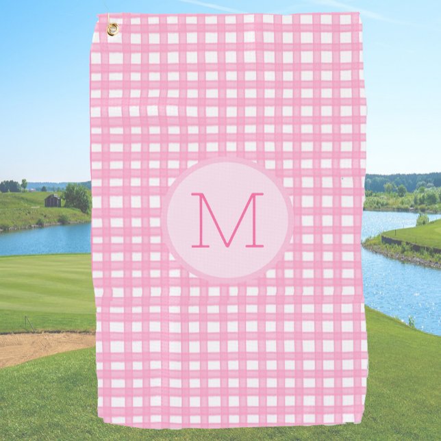 Pink preppy gingham custom monogram ladies golf towel (Creator Uploaded)