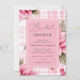Pink Preppy Plaid Christmas Floral Bridal Shower Invitation
