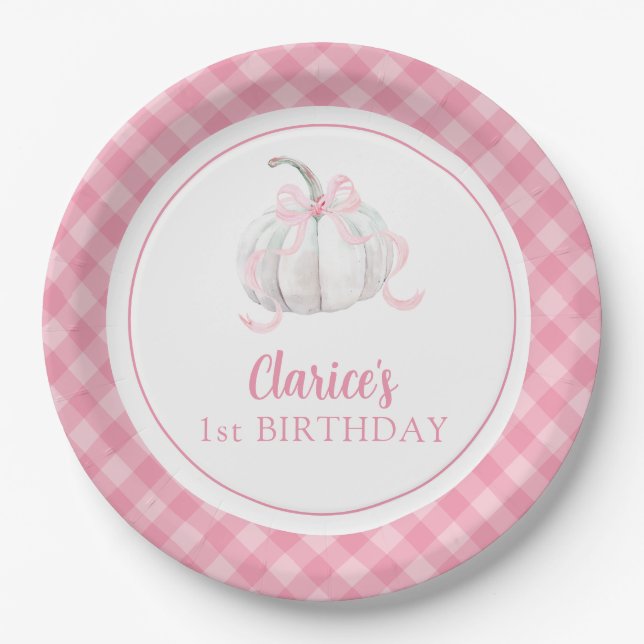 Pink Preppy Pumpkin First Birthday Paper Plate (Front)