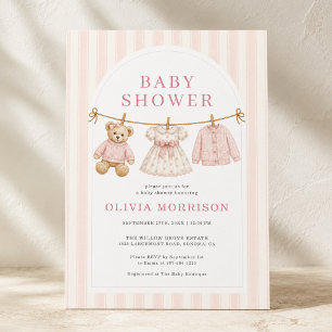Pink Preppy Teddy Bear Clothesline Baby Shower Invitation