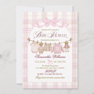 Pink Preppy Teddy Bear Girl Baby Shower Plaid Bow Invitation