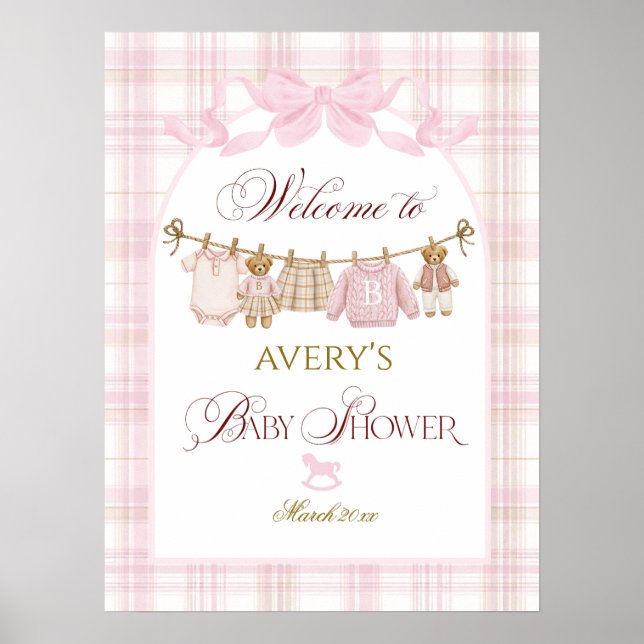 Pink Preppy Teddy Bear Girl Baby Shower Plaid Bow Poster (Front)