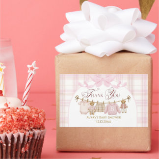 Pink Preppy Teddy Bear Girl Baby Shower Plaid Bow Rectangular Sticker