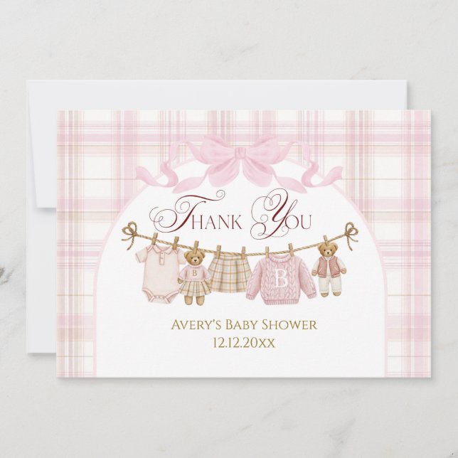 Pink Preppy Teddy Bear Girl Baby Shower Plaid Bow Thank You Card (Front)