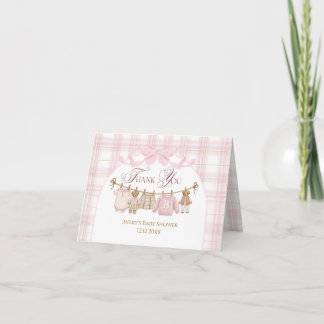 Pink Preppy Teddy Bear Girl Baby Shower Plaid Bow Thank You Card