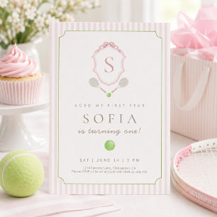 Pink Preppy Tennis Crest 1st Birthday invite