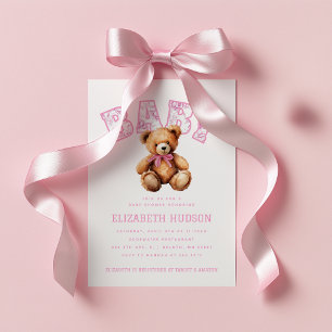 Pink Preppy Varsity Teddy Bear Baby Shower Invitation