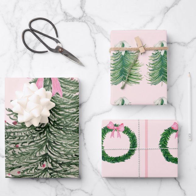 Pink & PreppyChristmas Wrapping Paper - Watercolor (Front)