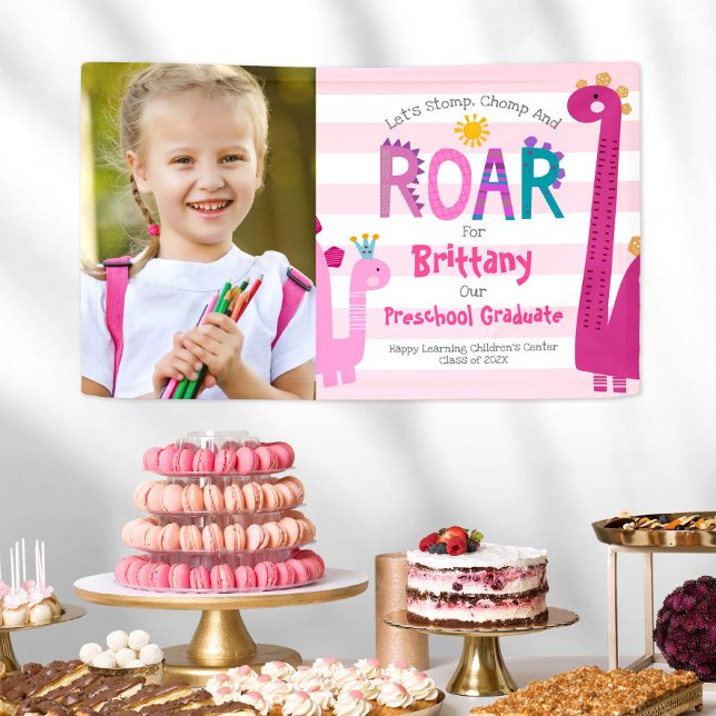 Pink Preschool Graduation Photo Dinosaur Girl Cute Banner (Creator Uploaded)