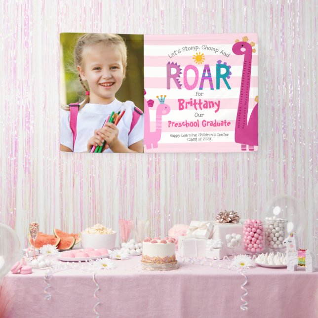 Pink Preschool Graduation Photo Dinosaur Girl Cute Banner (Party)