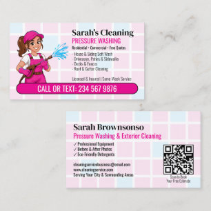 Pink Pressure Washing Girl Cartoon QR Power Wash Business Card