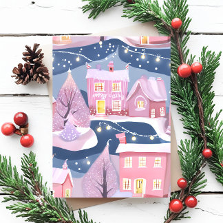 Pink Pretty Christmas Town | Watercolor Girly Holiday Postcard