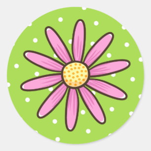 Pink pretty flower on green polka dot background classic round sticker
