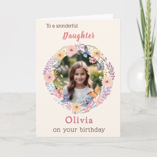 Pink Pretty Flowers Daughter Photo Birthday Card (Front)