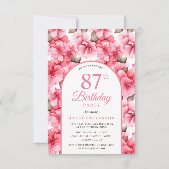 Pink Pretty Garden Floral Arch Chic 87th Birthday Invitation (Front)