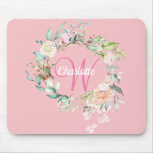 Pink Pretty Initial Script Monogram Roses Floral Mouse Mat