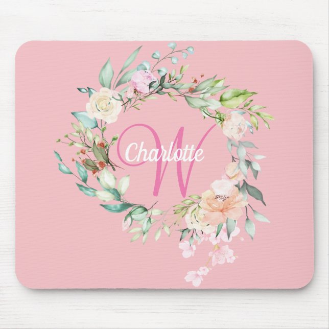 Pink Pretty Initial Script Monogram Roses Floral Mouse Mat (Front)