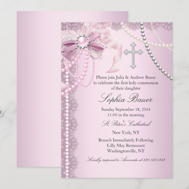 Pink Pretty Pearl Bow Cross First Holy Communion Invitation (Front/Back)