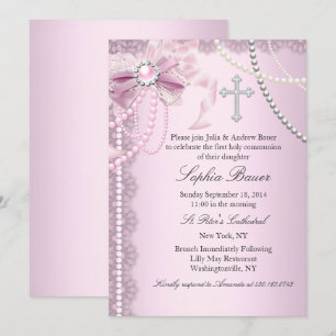Pink Pretty Pearl Bow Cross First Holy Communion Invitation