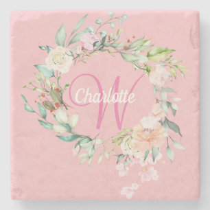 Pink Pretty Roses Floral Elegant Script Monogram Stone Coaster