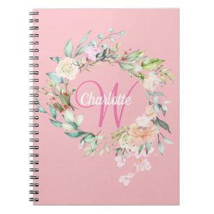 Pink Pretty Roses Floral Monogram Notebook