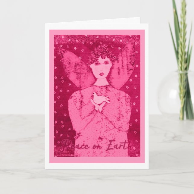 Pink Primitive Angel with White Dove Holiday Card (Front)