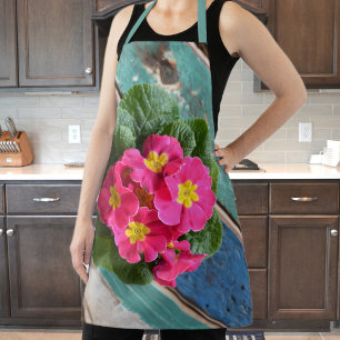 Pink Primrose Aqua Blue Colourful Floral Rustic Apron
