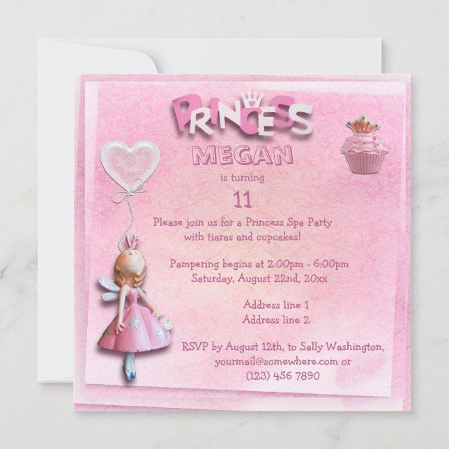 Pink Princess 11th Birthday Spa Party Invitation (Back)