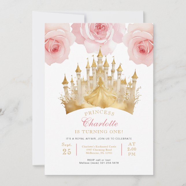 Pink Princess 1st Birthday Party Fairytale Crown Invitation (Front)