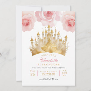 Pink Princess 1st Birthday Party Fairytale Crown Invitation