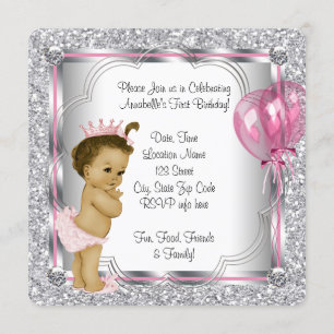 Pink Princess 1st Birthday Party Invitation