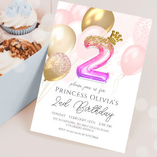 Pink Princess 2nd Birthday Party Invitation
