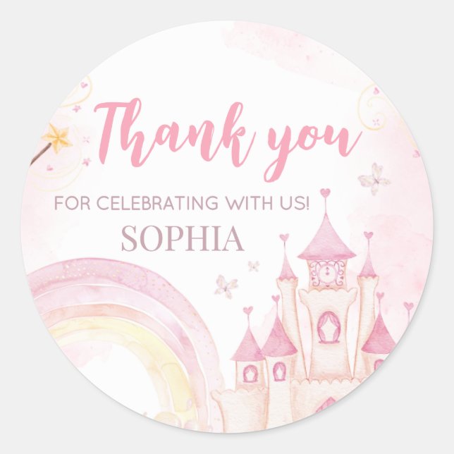 Pink Princess 4th Birthday Party Classic Round Sticker (Front)