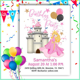 Pink Princess And Castle Girl Birthday Invitation