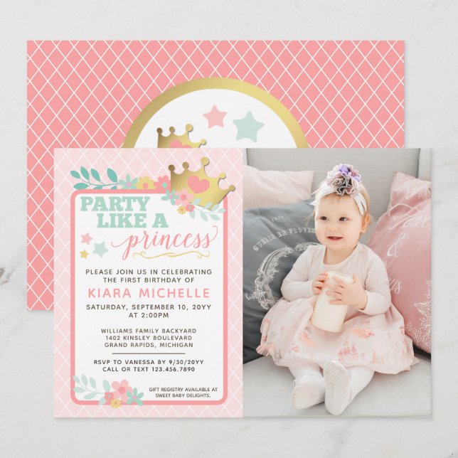 Pink Princess Baby Girl First Birthday Invitation (Front/Back)