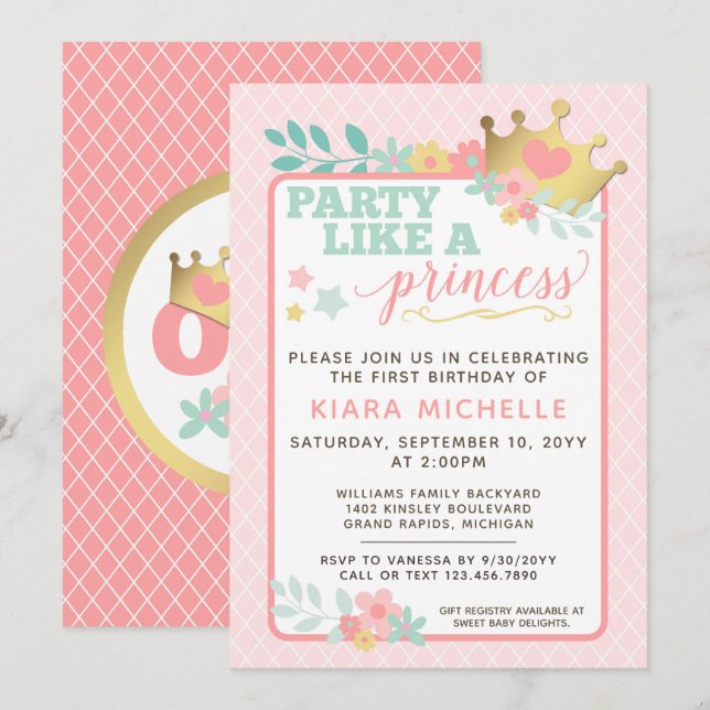 Pink Princess Baby Girl First Birthday Invitation (Front/Back)