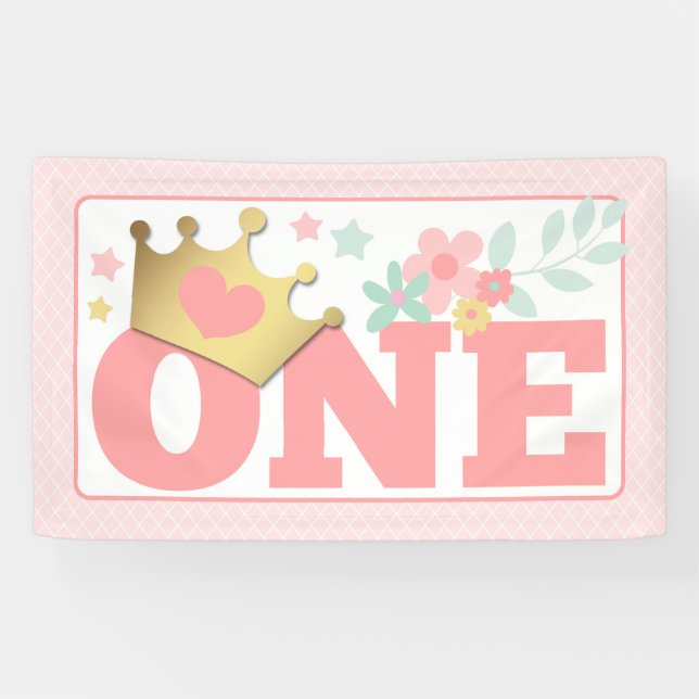 Pink Princess Baby Girl First Birthday Party ONE Banner (Horizontal)