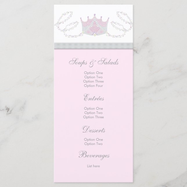 Pink Princess Baby Girl Shower Menu Rack Cards (Front)