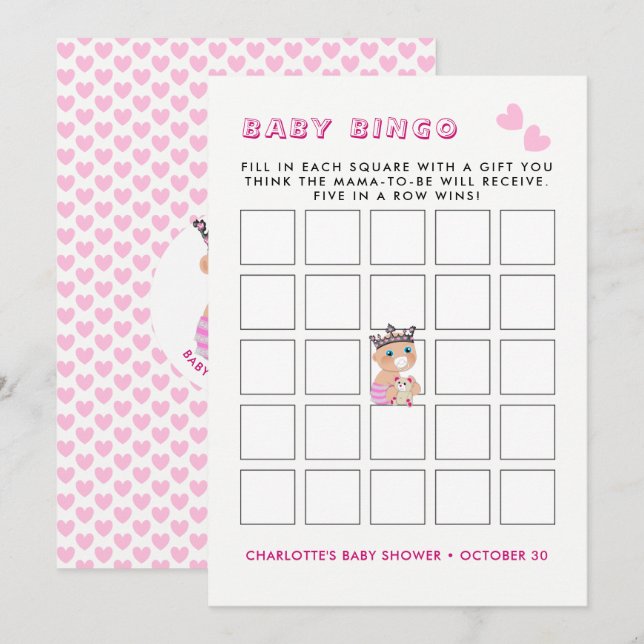 Pink Princess Baby Shower Baby Bingo Game Invitation (Front/Back)