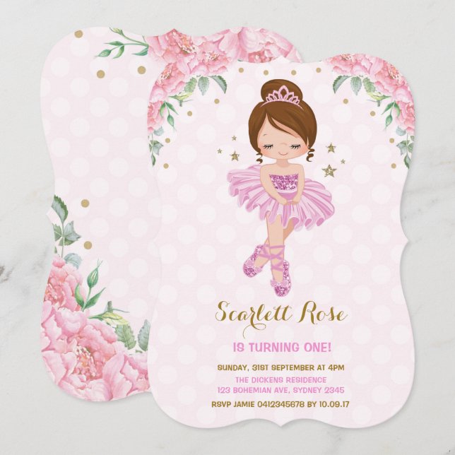 Pink Princess Ballerina Birthday Invite Tutu Party (Front/Back)